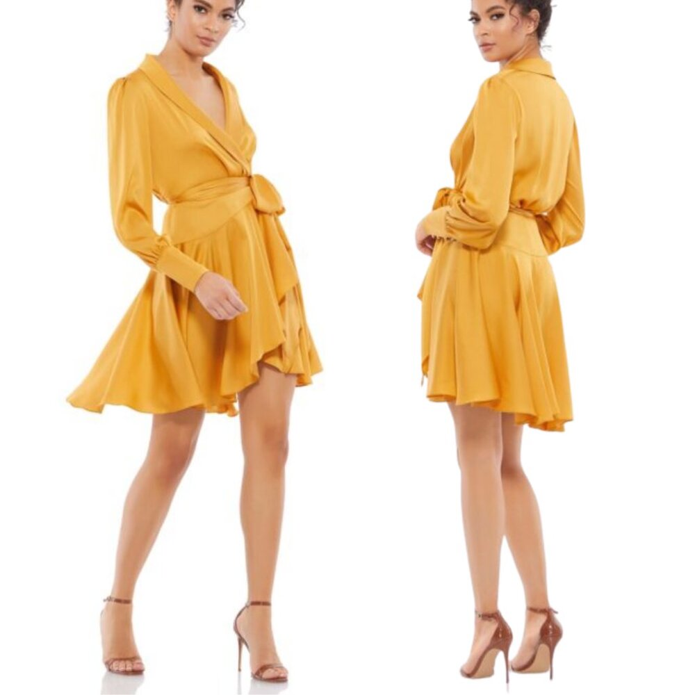 Mac Duggal 70135 Size 0 Sunflower Marigold Mango Yellow Satin Short Wrap Dress